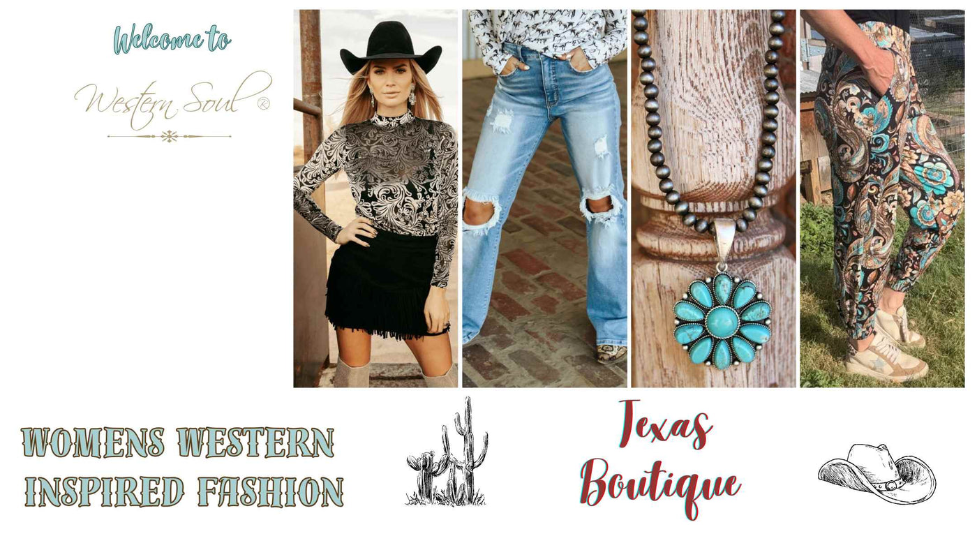 Promotional image for a women's western inspired fashion boutique with models and wearing sterling kreek products.