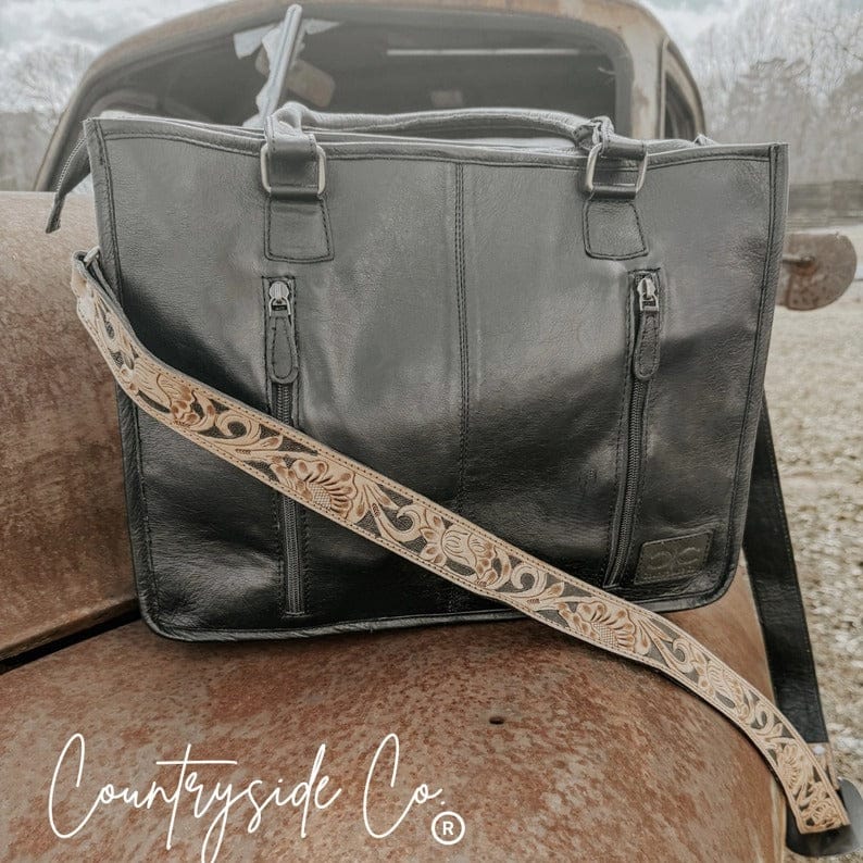 Countryside Co. Handbag Tan Cowtown Tooled Leather Cowhide Tote Computer Bag
