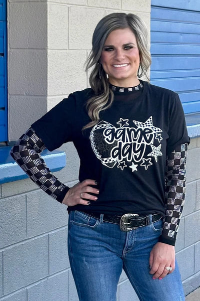 Sterling Kreek Long sleeve Mesh Top Checked In Black Mesh Top