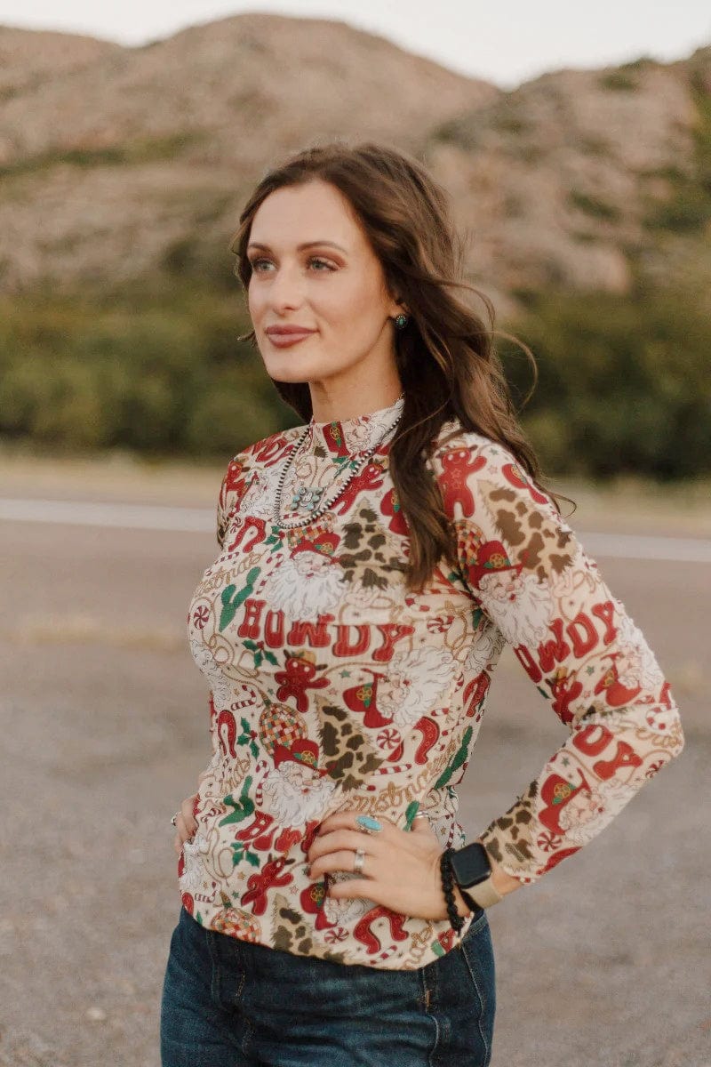 Sterling Kreek Long sleeve Mesh Top Howdy Santa Mesh Top
