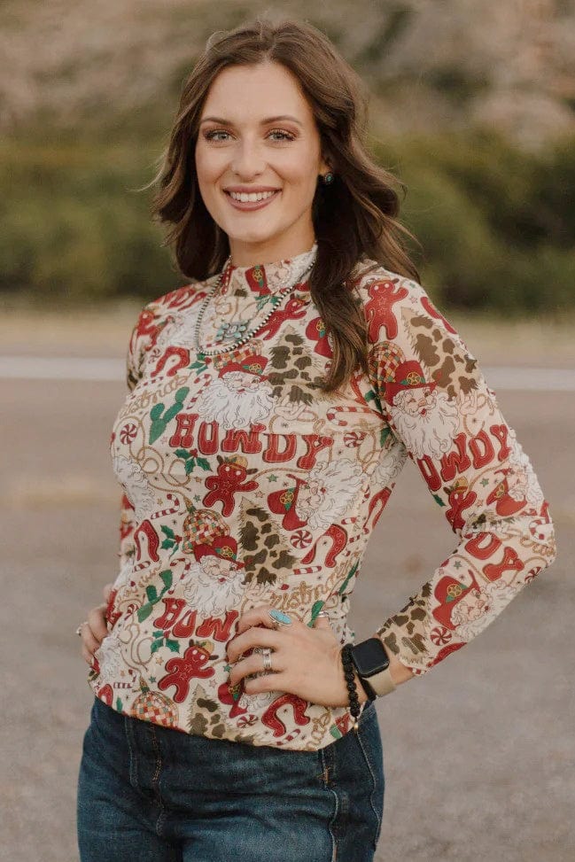 Sterling Kreek Long sleeve Mesh Top Howdy Santa Mesh Top