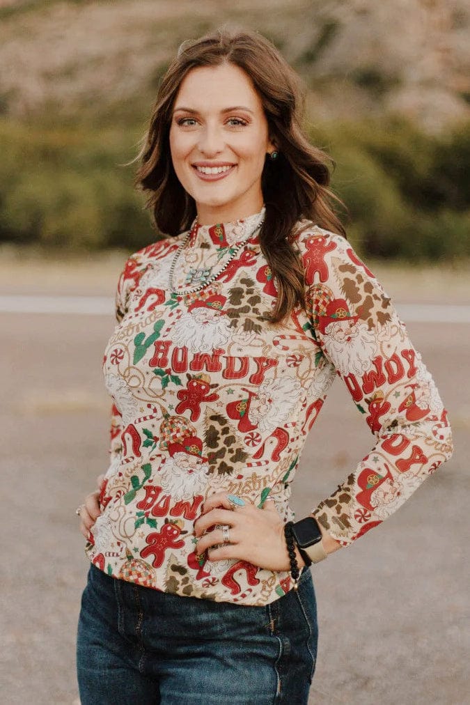 Sterling Kreek Long sleeve Mesh Top Howdy Santa Mesh Top
