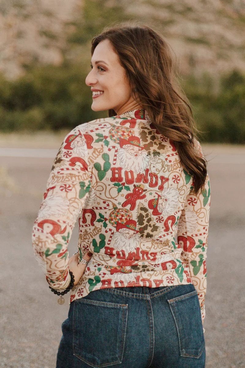 Sterling Kreek Long sleeve Mesh Top Howdy Santa Mesh Top