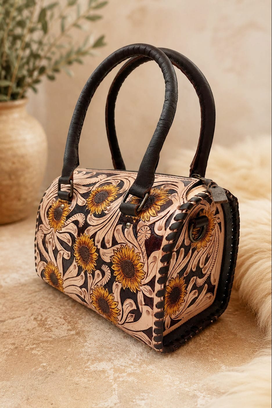 Southern Junkie Gypsy Boutique Handbag Floral Sunflower Tooled Leather Speedy Handbag