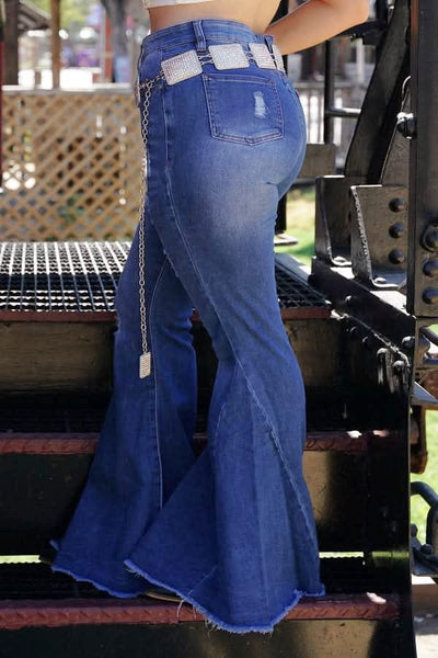 L&B Apparel Jeans Mid Wash Distressed Bell Bottom Jeans 8018