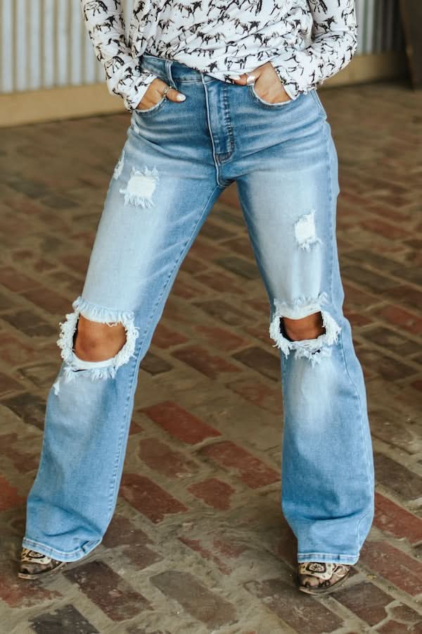 L&amp;B Apparel Jeans Light Wash High Rise Distressed Bootcut Jeans Plus Size