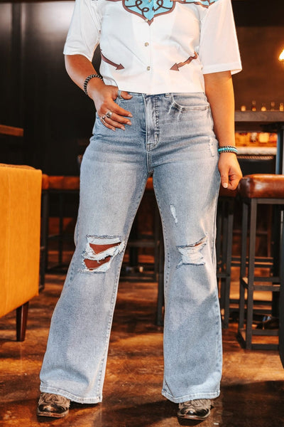 L&B Apparel Jeans Light Wash High Rise Distressed Trouser Jeans – 30" Inseam