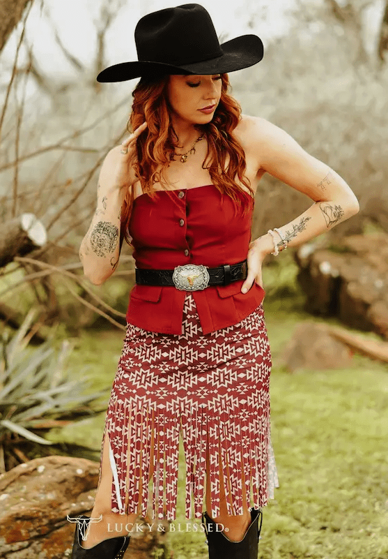 Aztec Printed Fringe Maxi Skirt Maroon | Western Pencil