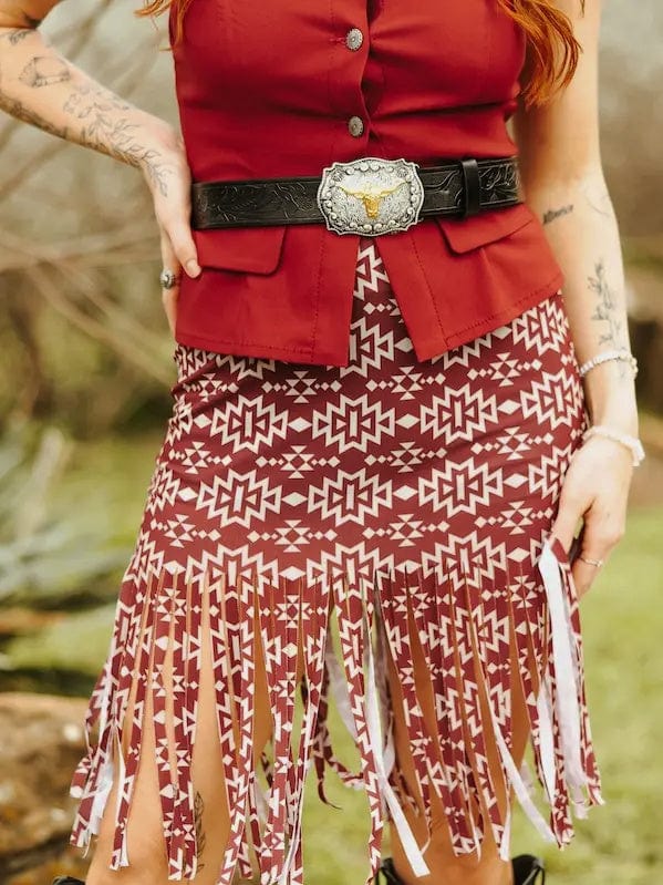 Skirt  Aztec Printed Fringe Maxi Skirt Maroon | Western Pencil Skirt for Rodeos