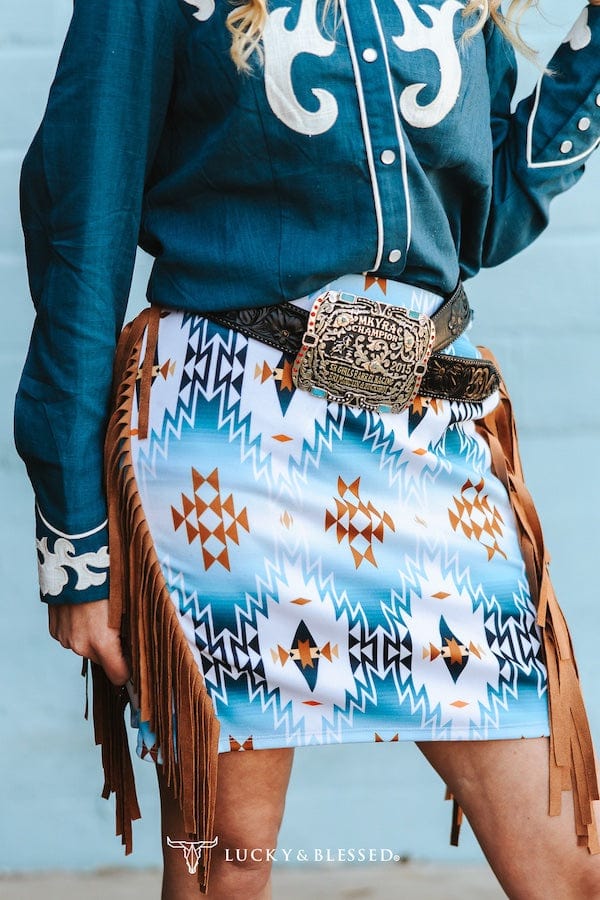 L&B Apparel Skirt Aztec Printed Fringe Skirt Turquoise
