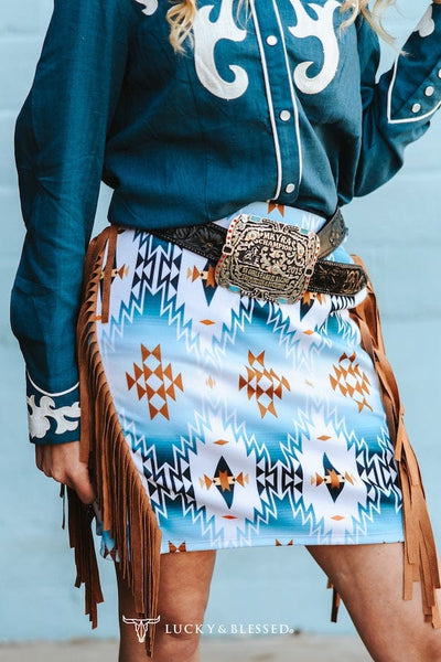 L&B Apparel Skirt Aztec Printed Fringe Skirt Turquoise