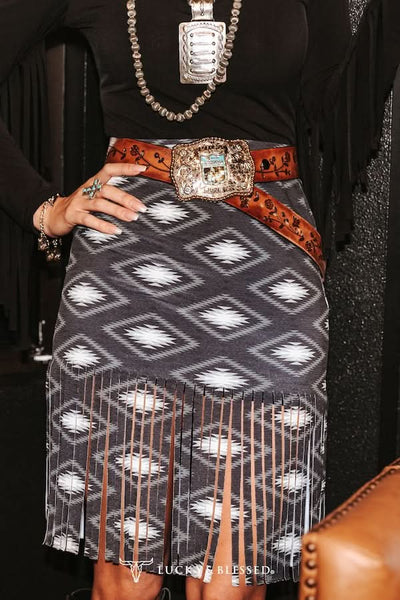 L&B Apparel Skirt Black Aztec Printed Fringe Hem Skirt