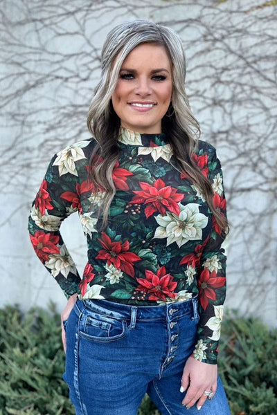 Sterling Kreek Long sleeve Mesh Top Poinsettias in The Prairie Mesh top
