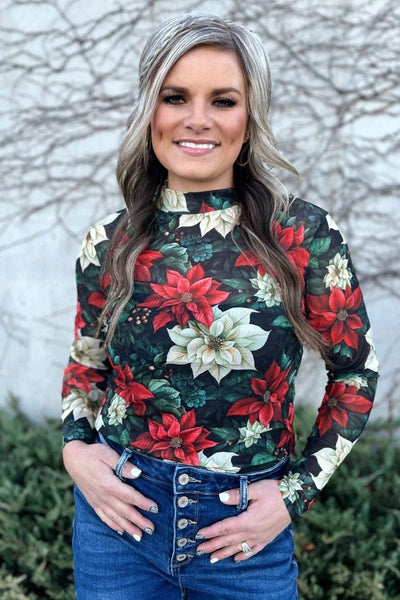 Sterling Kreek Long sleeve Mesh Top Poinsettias in The Prairie Mesh top