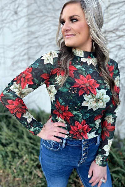 Sterling Kreek Long sleeve Mesh Top Poinsettias in The Prairie Mesh top