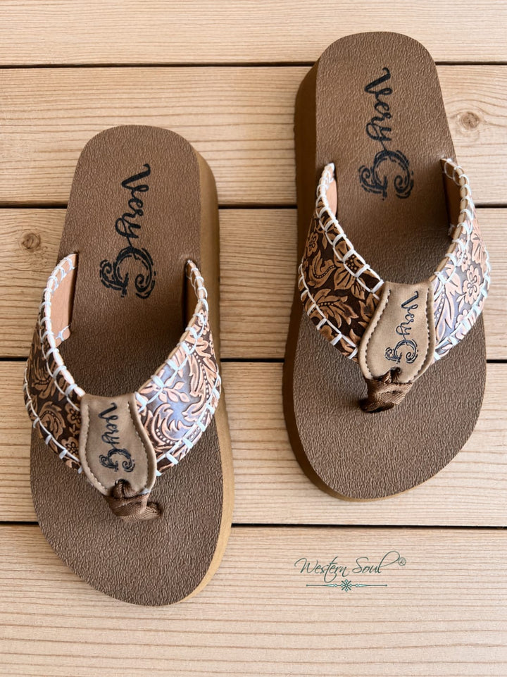Very G Sandals Very G Pamela Tan Floral Embossed Flip Flops for Women