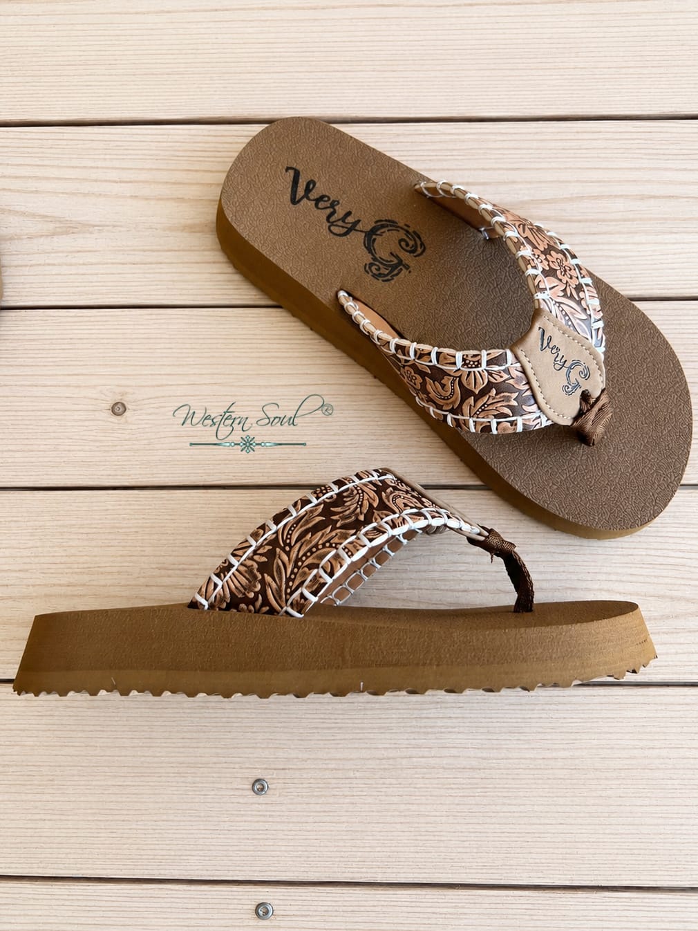 Very G Sandals Very G Pamela Tan Floral Embossed Flip Flops for Women