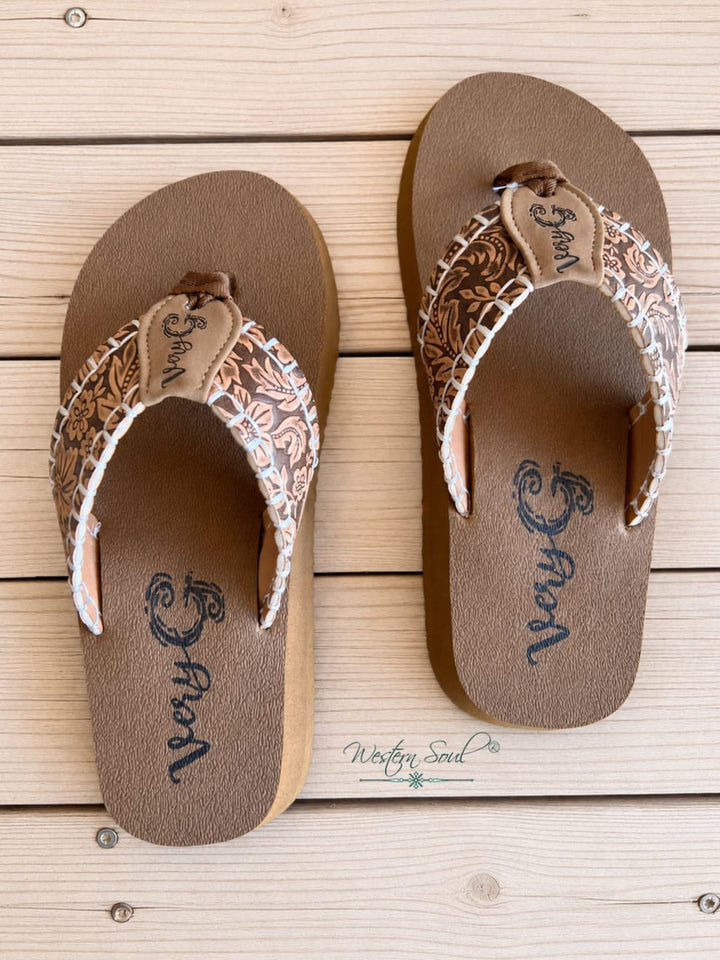 Very G Sandals Very G Pamela Tan Floral Embossed Flip Flops for Women