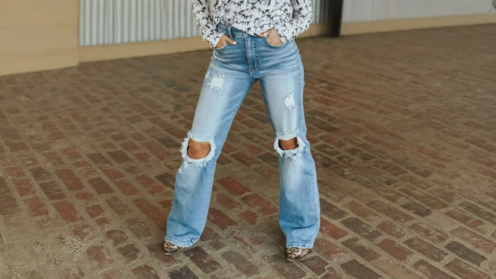 Light Wash High Rise Distressed Bootcut Jeans JE278