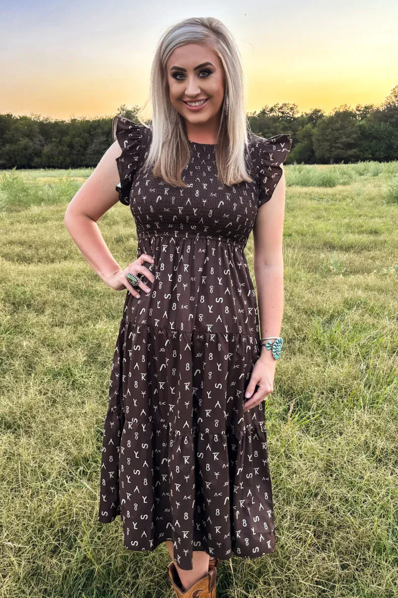 Sterling Kreek Dress Ranch Stamped Western Midi Dress