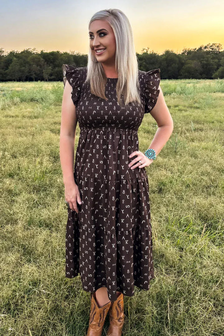 Sterling Kreek Dress Ranch Stamped Western Midi Dress