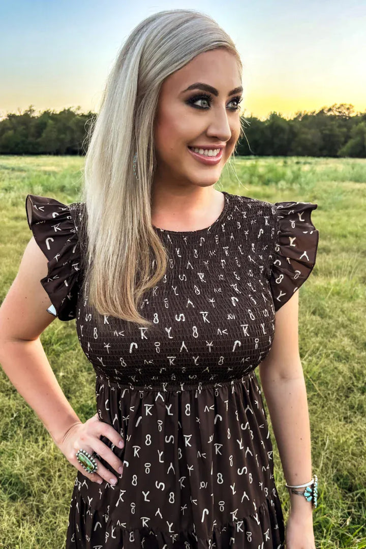 Sterling Kreek Dress Ranch Stamped Western Midi Dress