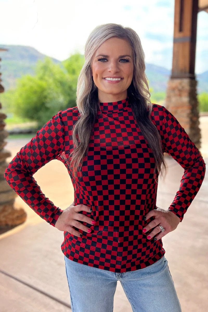 Sterling Kreek Long sleeve Mesh Top Pep Rally Mesh Red and Black