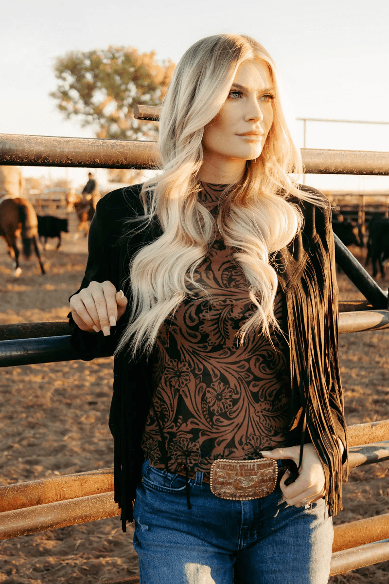 Sterling Kreek Long sleeve Mesh Top Country Road Tooled Leather Mesh Top