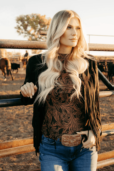 Sterling Kreek Long sleeve Mesh Top Country Road Tooled Leather Mesh Top