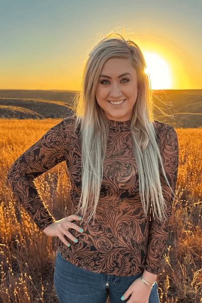 Sterling Kreek Long sleeve Mesh Top Country Road Tooled Leather Mesh Top