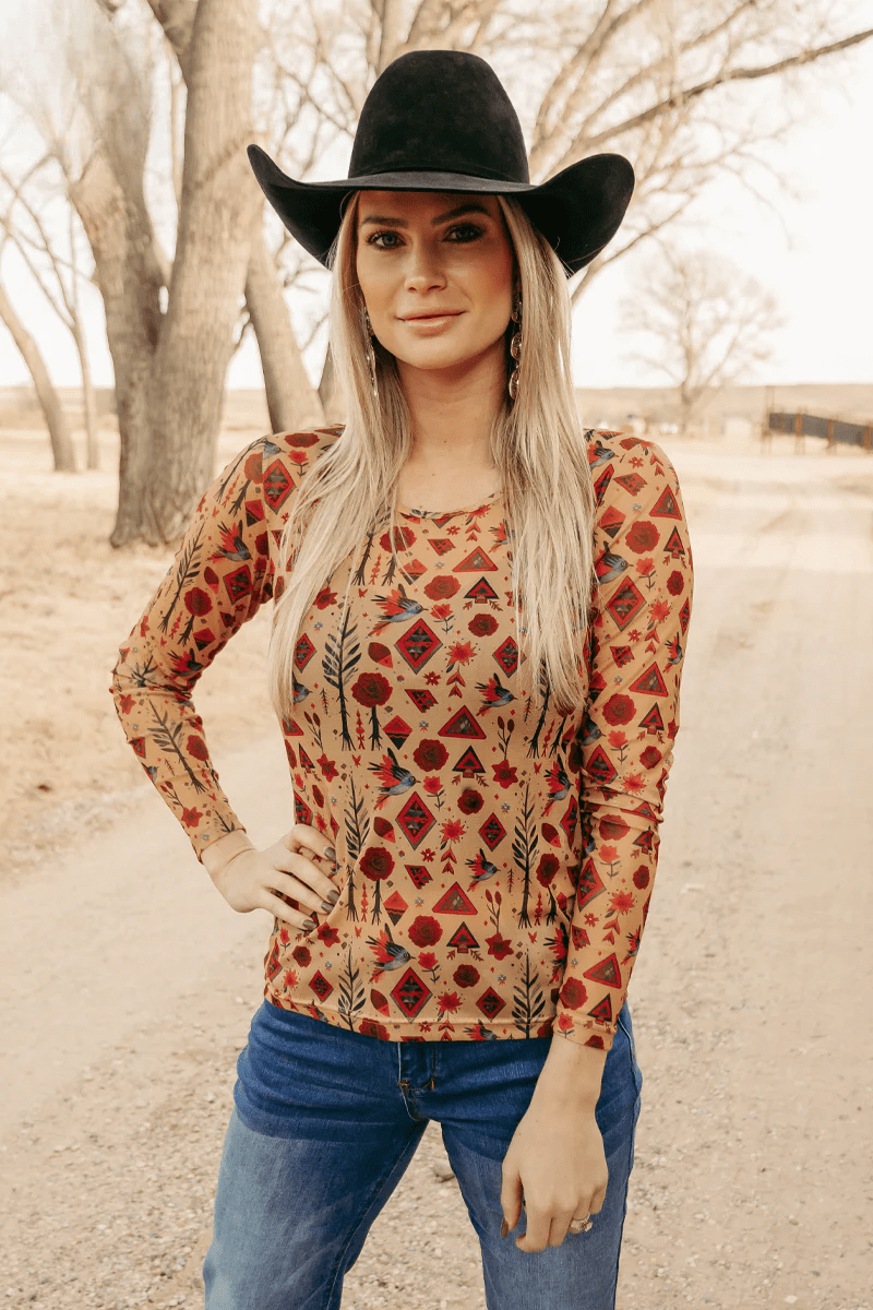 Sterling Kreek Long sleeve Mesh Top XS / Peach Roses Are Red Mesh Top