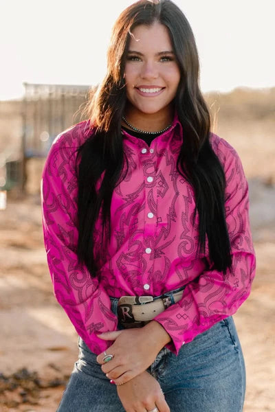 Sterling Kreek Long sleeve Top Boot Scootin Button Up Top Pink
