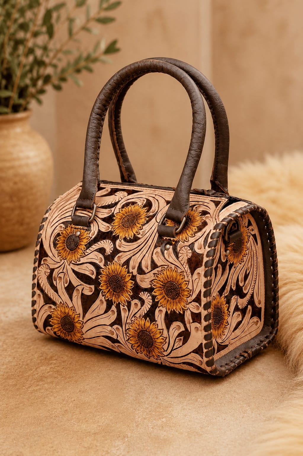 Southern Junkie Gypsy Boutique Handbag Floral Sunflower Tooled Leather Speedy Handbag
