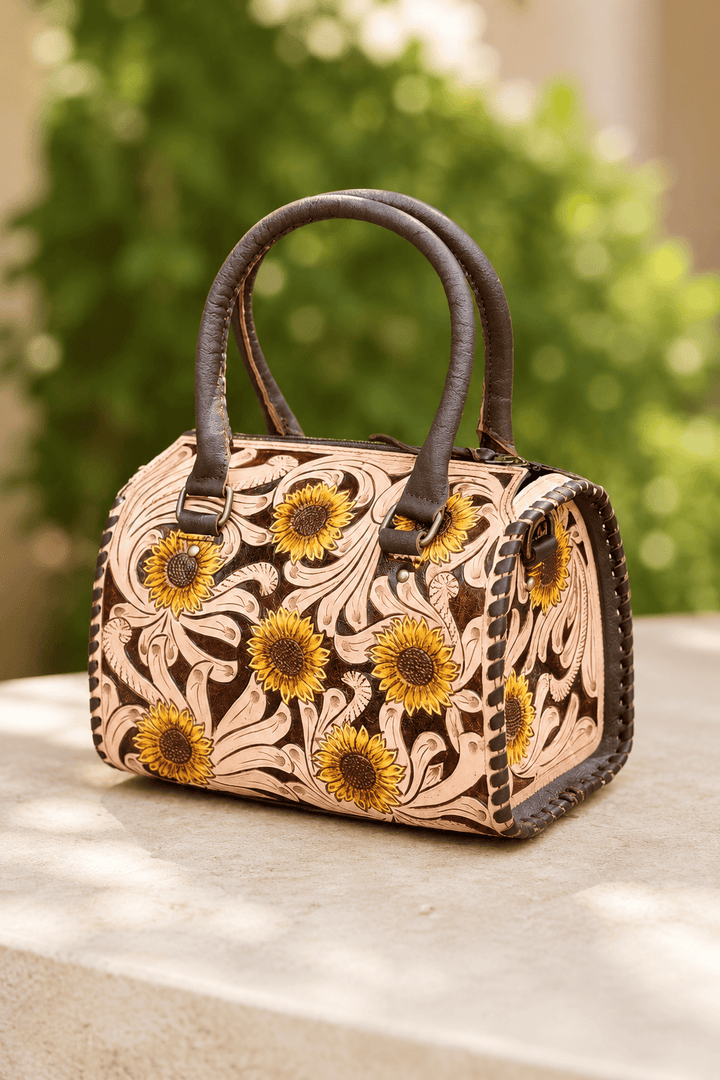 Sunflower Tooled Leather Speedy Handbag | Western Leather Handbag