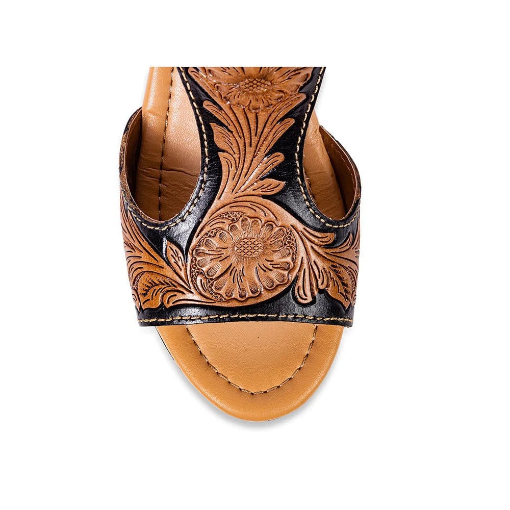 Myra Shoes Talitha Hand-Tooled Wedge Heels – Western Cowgirl Peep-Toe Heels