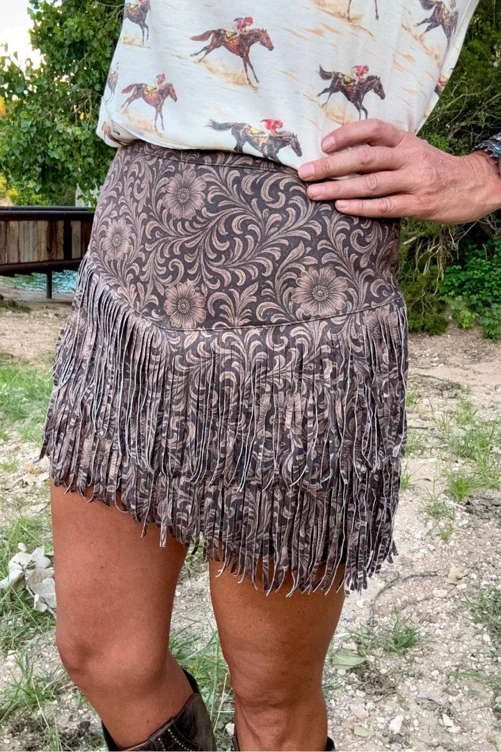 Sterling Kreek Skirt XS / Brown Tooled Leather Look Fort Worth Fringe Skirt