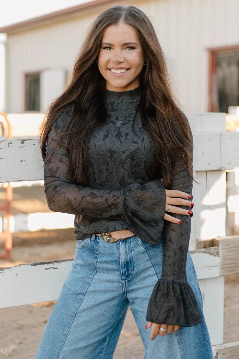 Sterling Kreek Long sleeve Mesh Top Tooled in Black Mesh Top