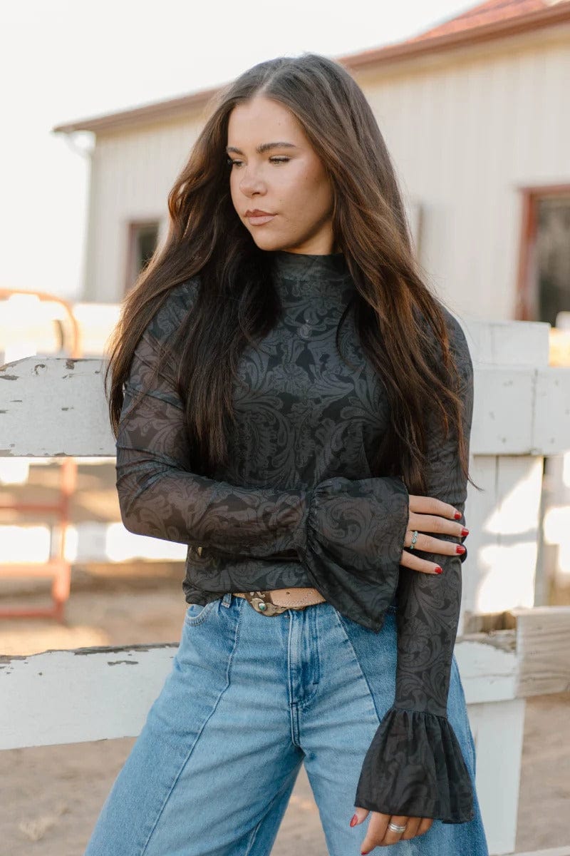 Sterling Kreek Long sleeve Mesh Top Tooled in Black Mesh Top