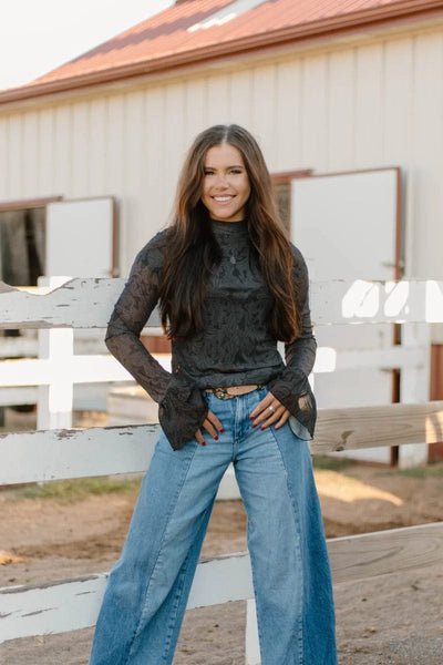 Sterling Kreek Long sleeve Mesh Top Tooled in Black Mesh Top