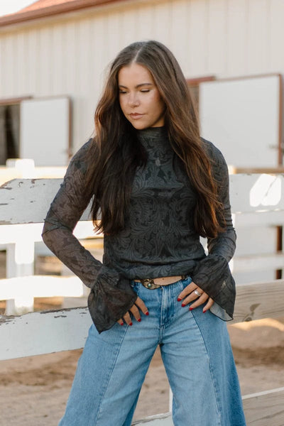 Sterling Kreek Long sleeve Mesh Top Tooled in Black Mesh Top