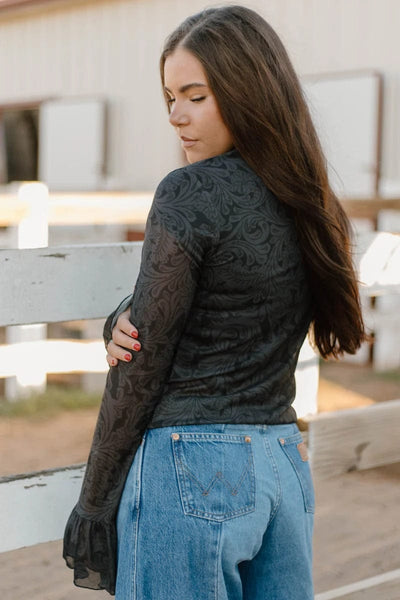 Sterling Kreek Long sleeve Mesh Top Tooled in Black Mesh Top