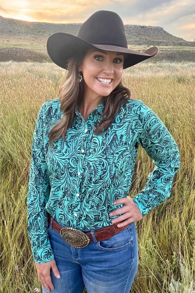 Sterling Kreek Long sleeve Top Tooled In Turquoise Button Up