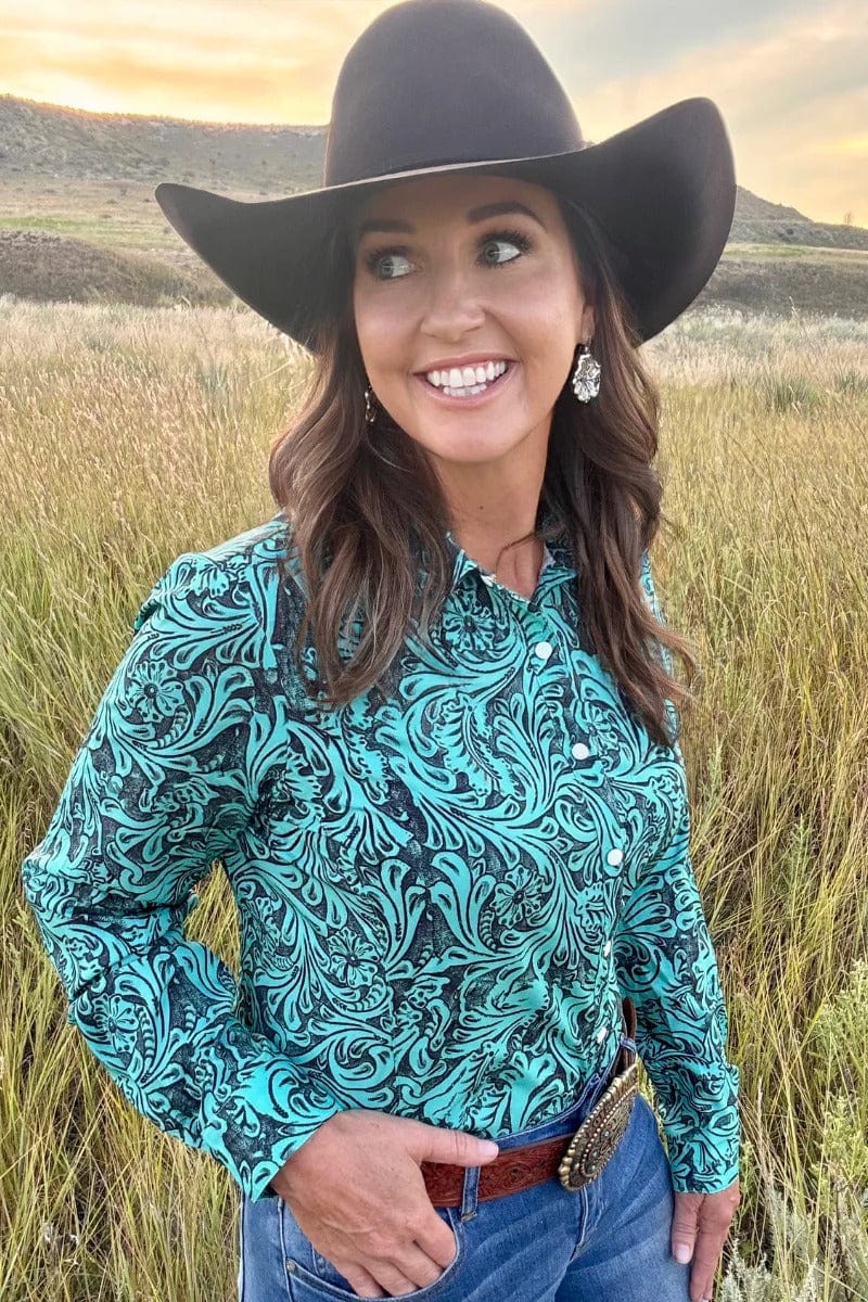 Sterling Kreek Long sleeve Top Tooled In Turquoise Button Up