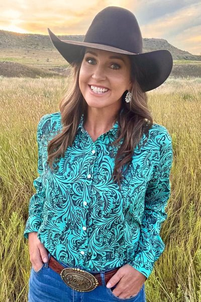 Sterling Kreek Long sleeve Top Tooled In Turquoise Button Up