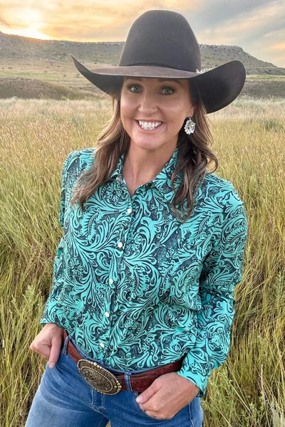 Sterling Kreek Long sleeve Top Tooled In Turquoise Button Up