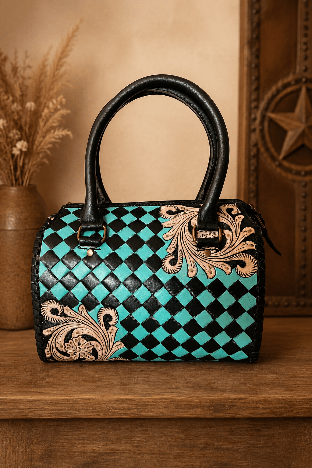 Southern Junkie Gypsy Boutique Handbag Checkered Turquoise Check Luxe Tooled Speedy