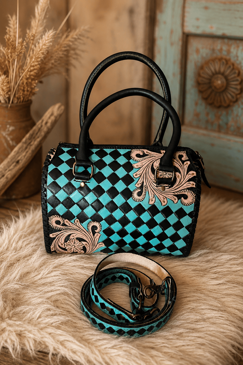 Southern Junkie Gypsy Boutique Handbag Checkered Turquoise Check Luxe Tooled Speedy