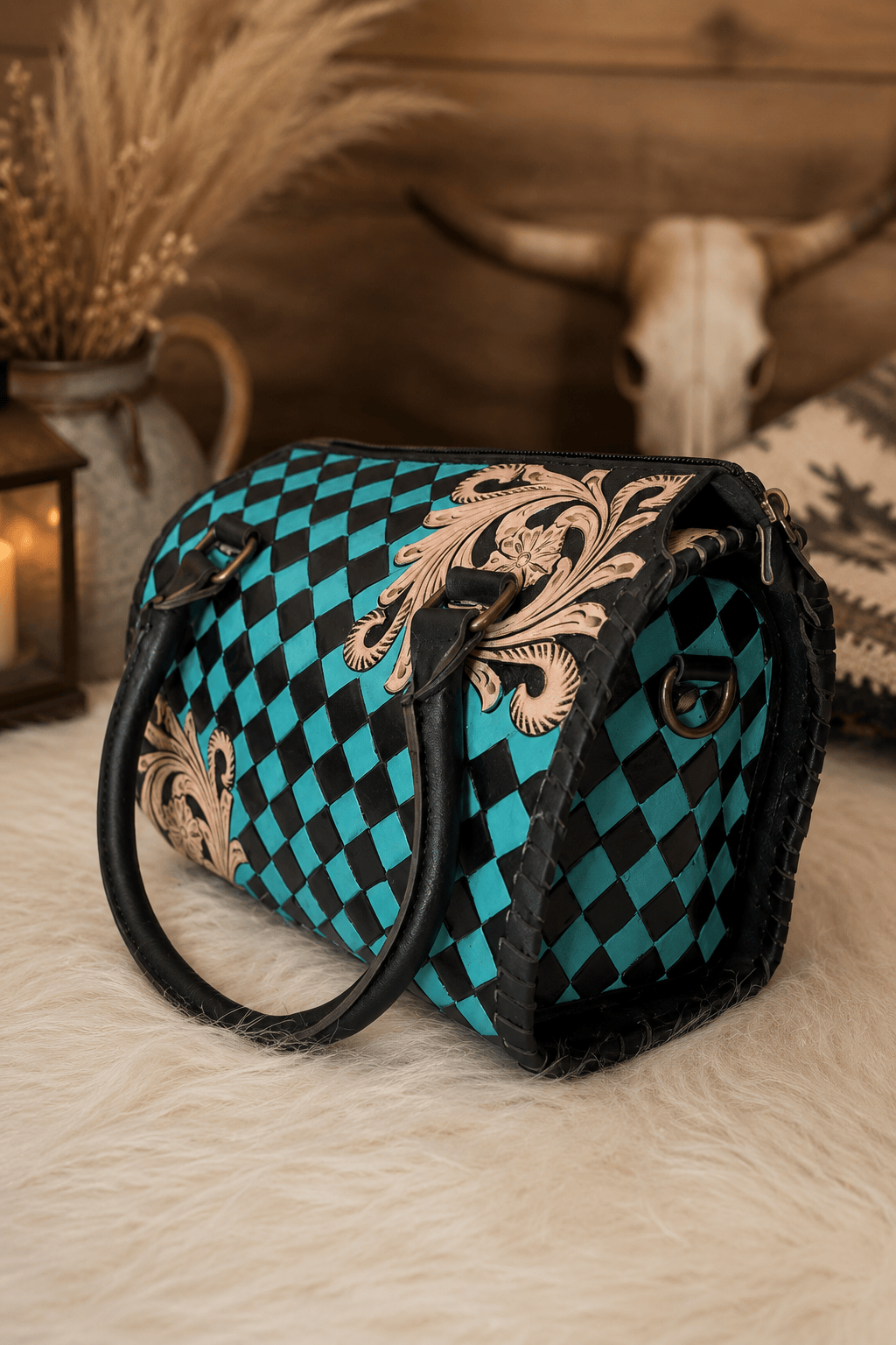 Southern Junkie Gypsy Boutique Handbag Checkered Turquoise Check Luxe Tooled Speedy