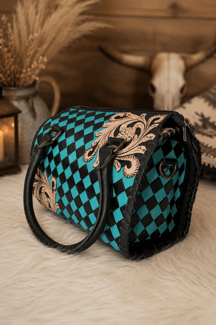 Southern Junkie Gypsy Boutique Handbag Checkered Turquoise Check Luxe Tooled Speedy