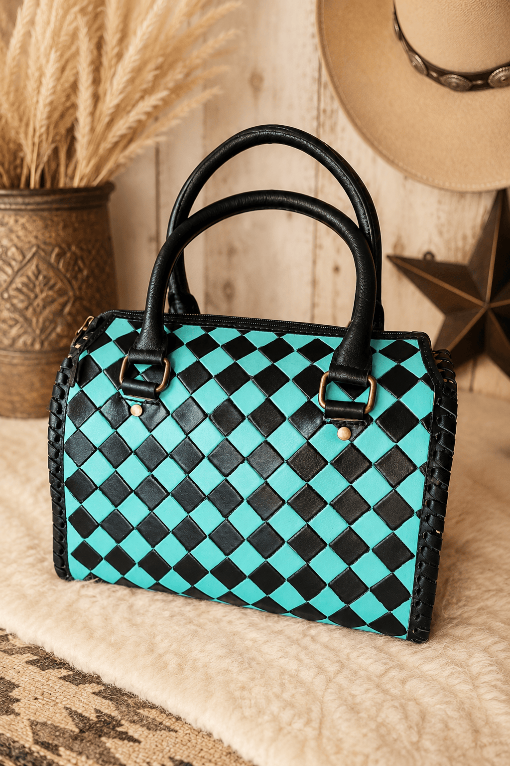 Southern Junkie Gypsy Boutique Handbag Checkered Turquoise Check Luxe Tooled Speedy